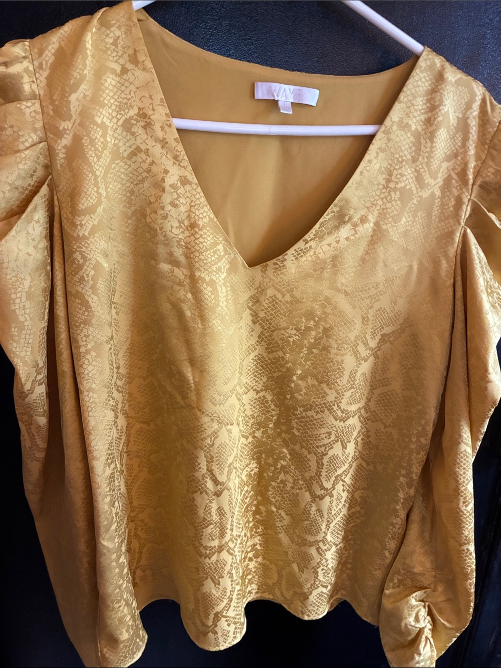 Wayf Mustard Gold Snake Jacquard V-Neck Blouse L Puffed and Ruched Sleeves L